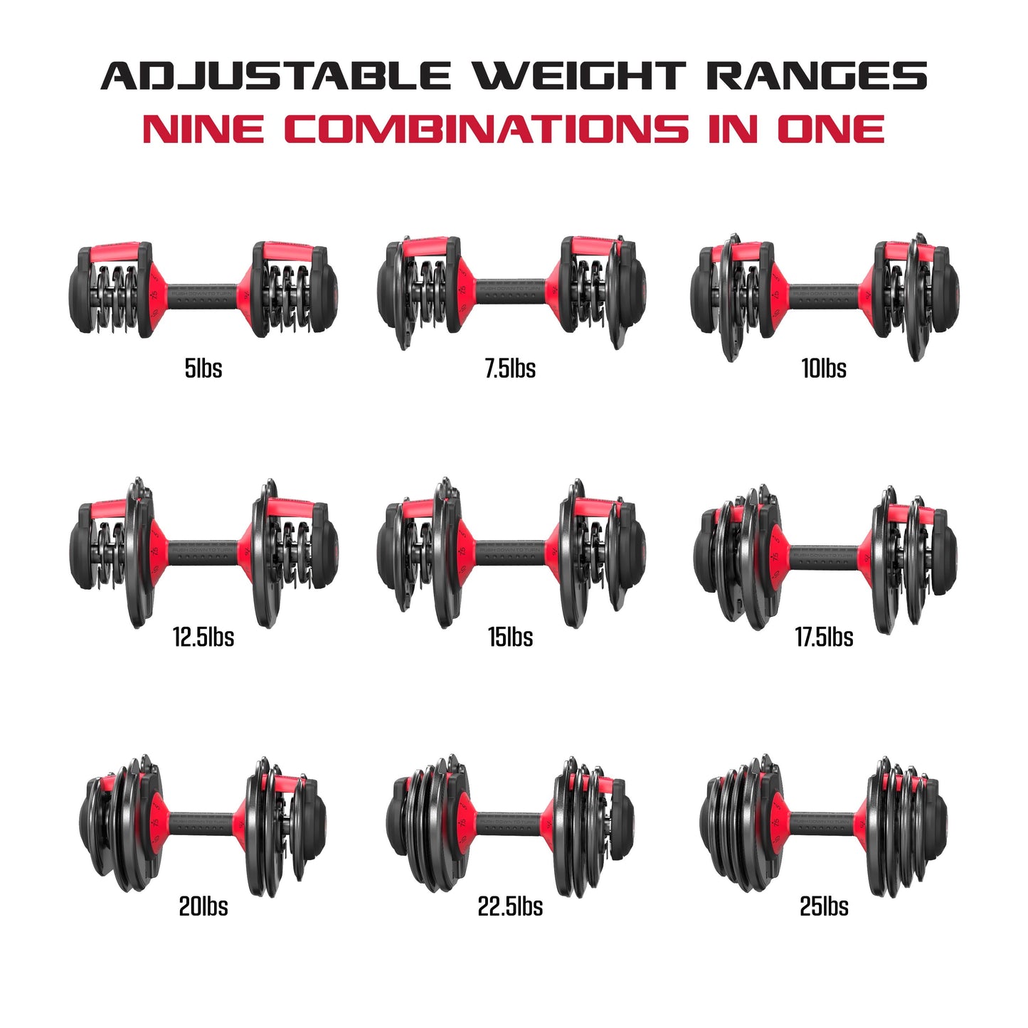 Smartbell, 25Lbs. Quick-Select 9 in 1 Adjustable Dumbbell for Home Gym, 5-25Lbs. Weight in 2.5Lbs Increments